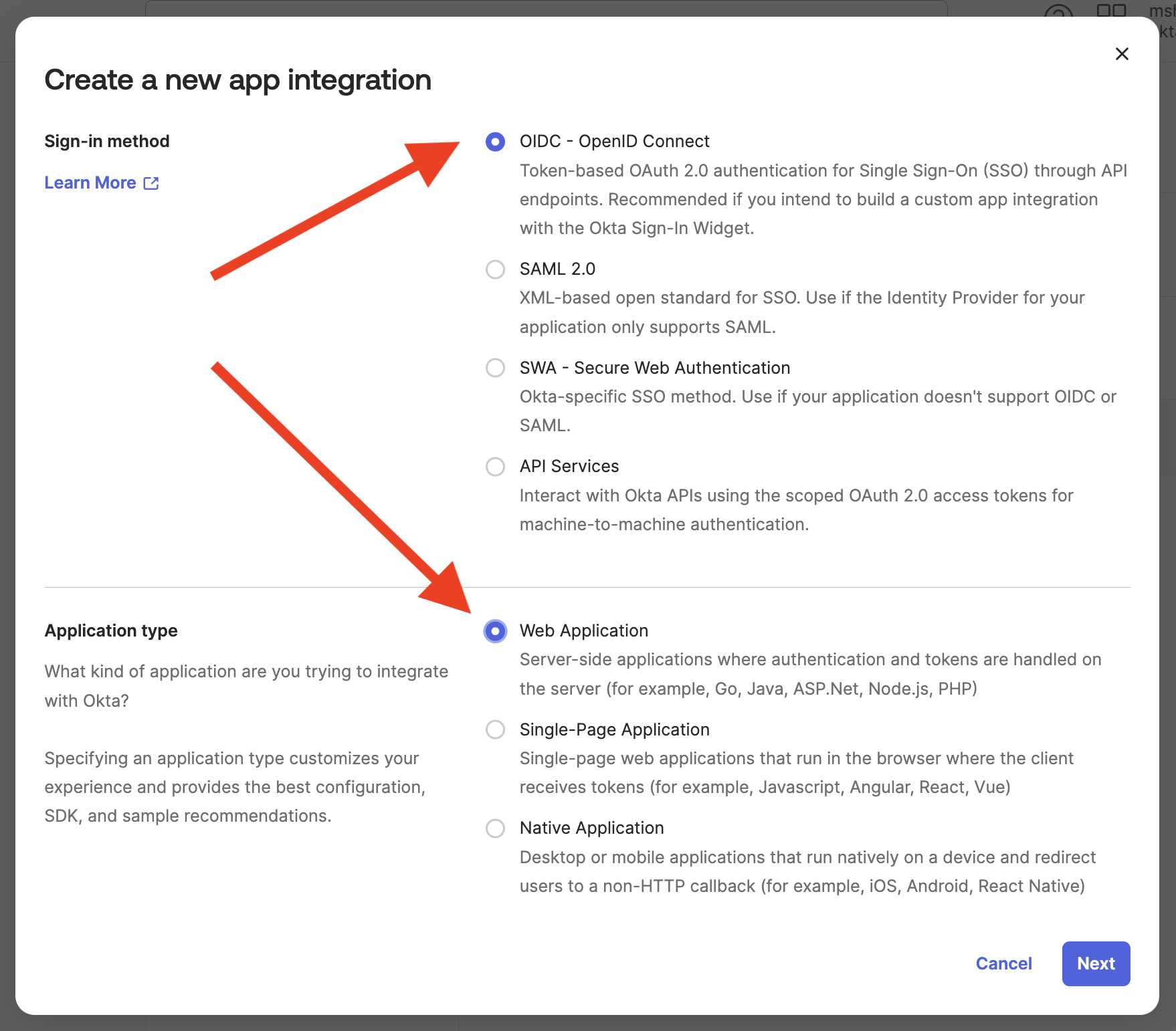 The Okta app creation window with OIDC and Web Application selected